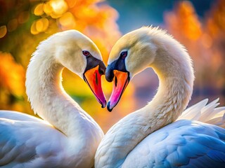 Fototapeta premium A romantic swan couple, captured in a close-up macro shot, their love story blurred by a soft background.