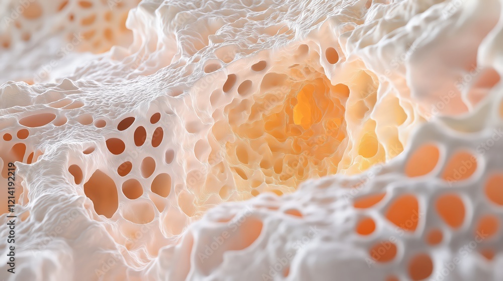 Fototapete glowing core within porous organic structure microscopic view abstract background texture digital ar