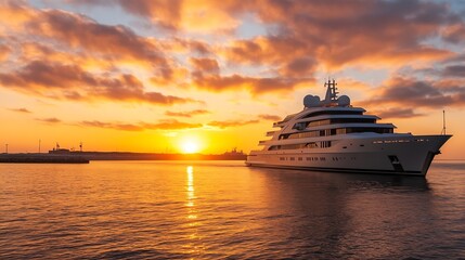 Obraz premium Majestic Yacht Sailing at Sunset in Serene Ocean with Vibrant Sky Colors : Generative AI