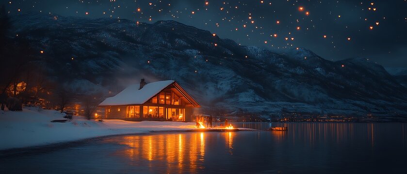 Cozy cabin by lake at night with floating lanterns.