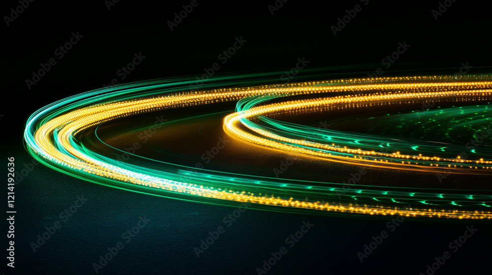 Poster streaks of green and yellow light create dynamic arcs against a dark background