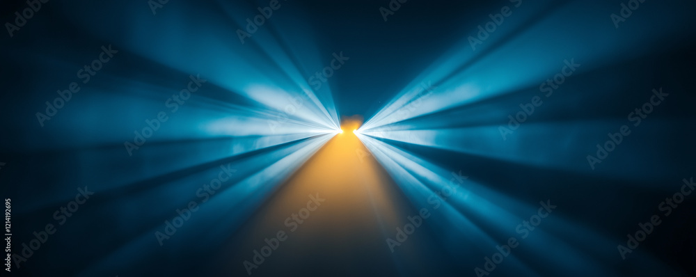 Poster cyan and yellow rays of light create a stunning visual display in a dark environment