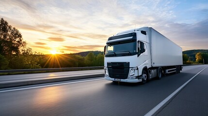 Obraz premium Modern SemiTruck Driving on Highway During Scenic Sunset : Generative AI