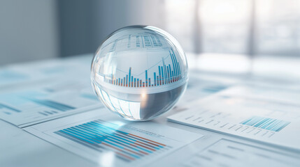 Crystal Ball Reflecting Data Charts and Financial Graphs on a Desk