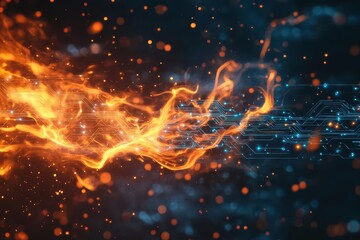 dynamic digital flame explosion with technological circuit patterns, vibrant orange and blue energy tendrils against dark background