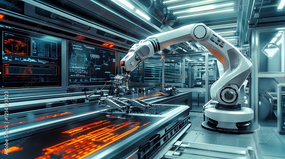 Poster advanced robotic arm assembling circuit boards in a modern factory