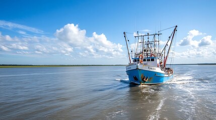 Naklejka premium Fishing Boat on Open Sea Navigating Calm Waters Under Clear Blue Sky : Generative AI