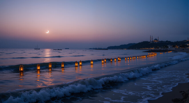 sunset at the beach with background mousque