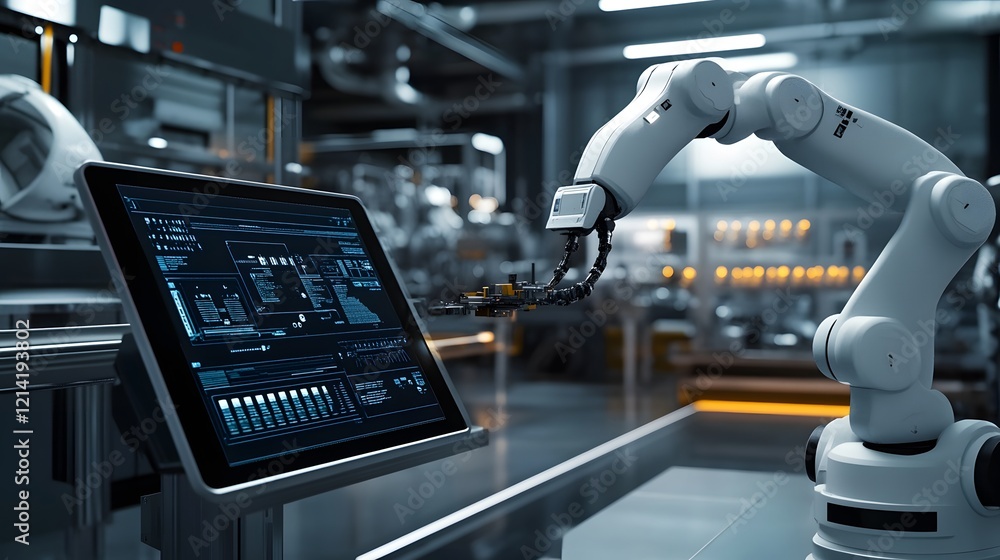 Poster robotic arm operates in modern factory setting