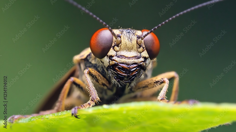 Poster Detailed Macro Photo of a Grasshopper on Leaf Showing Intricate Insect Features and Texture : Generative AI