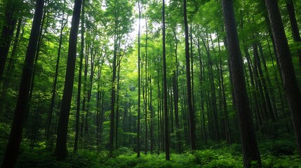 Obraz premium Lush Green Forest with Tall Trees and Foliage Under Bright Daylight : Generative AI