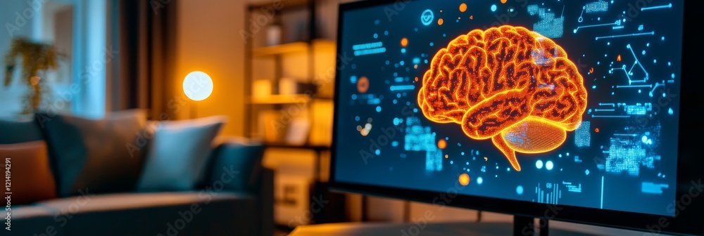 Poster glowing digital brain with neural network on a computer screen in a cozy living room.