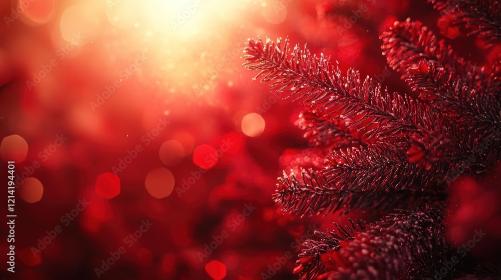 Poster red christmas tree branch with sparkling bokeh lights background