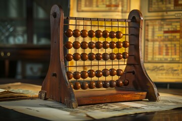 Antique wooden abacus with many rows of wooden beads for counting and calculating sitting on a table with old books and documents
