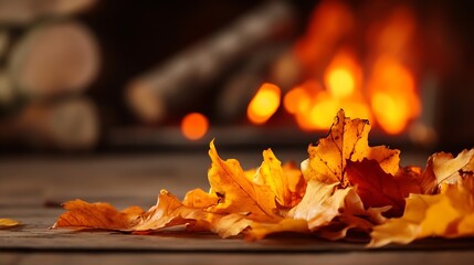 Cozy autumn scene with warm fireplace and fallen autumn leaves enhancing seasonal atmosphere : Generative AI