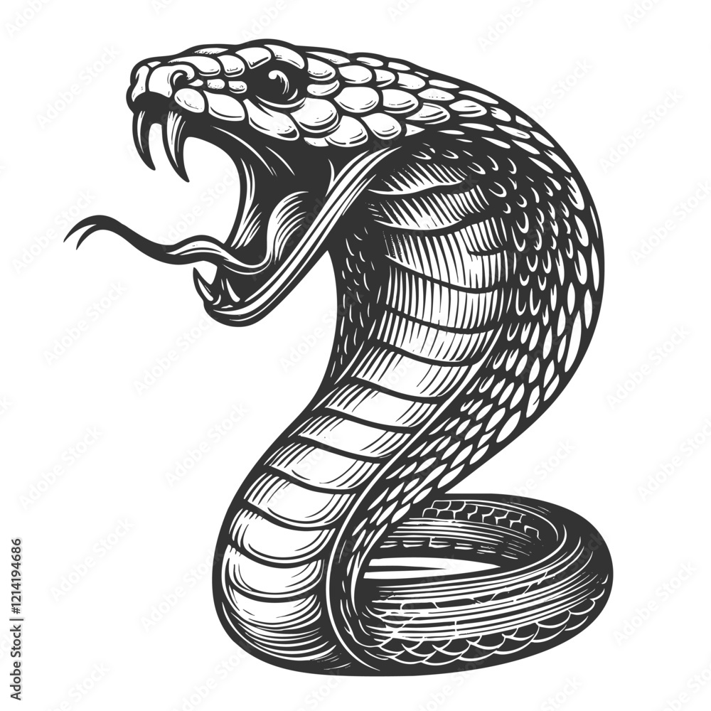 Poster cobra snake in a menacing striking pose, rendered with fine engraving detail sketch engraving genera