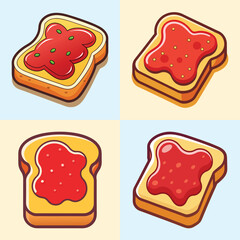 cartoon jam on toast vector illustration in colorful grid - a vibrant illustration of four jam on toast, perfect for logos, icons and, food themed designs