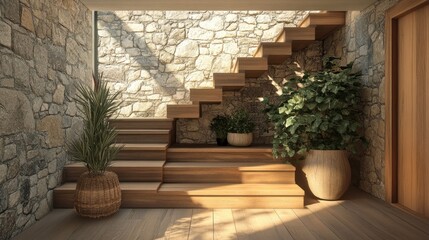 Wooden staircase and stone cladding wall in rustic hallway. Cozy home interior design of modern entrance hall with door
