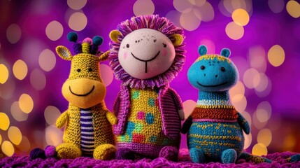 Three adorable handmade knitted animal toys; giraffe, lion, hippo; sitting together on purple background.