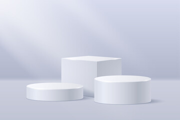 White cylindrical podiums with a cubic pedestal on a light background illuminated by the sun from the window. Vector 3D illustration.