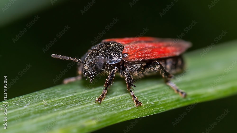 Poster Macro Shot of a Red and Black Beetle Resting on a Blade of Grass : Generative AI