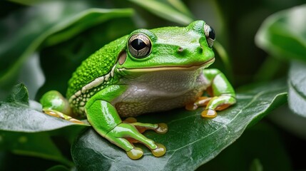 Obraz premium Green tree frog resting on leaf, jungle background, nature photography