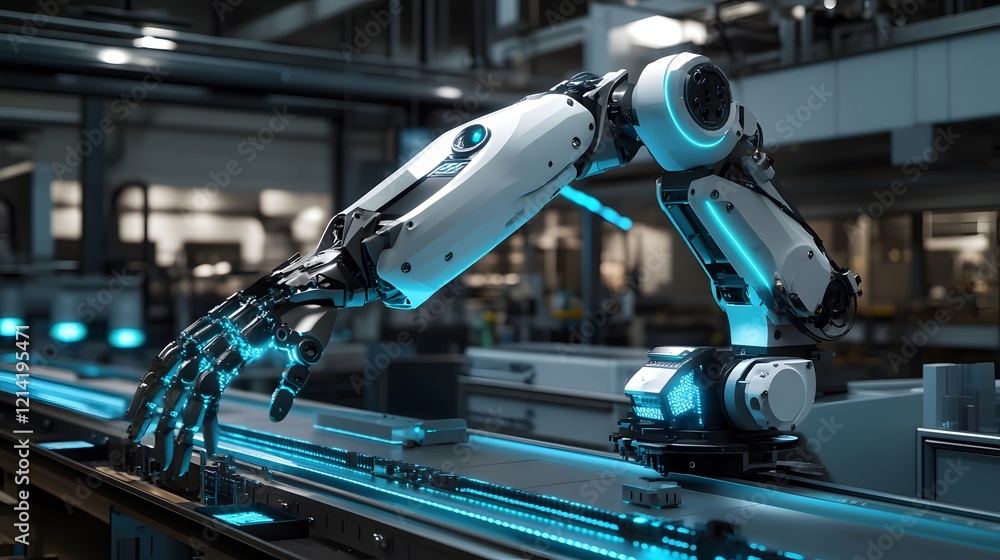 Poster advanced robotic arm operates on a futuristic assembly line