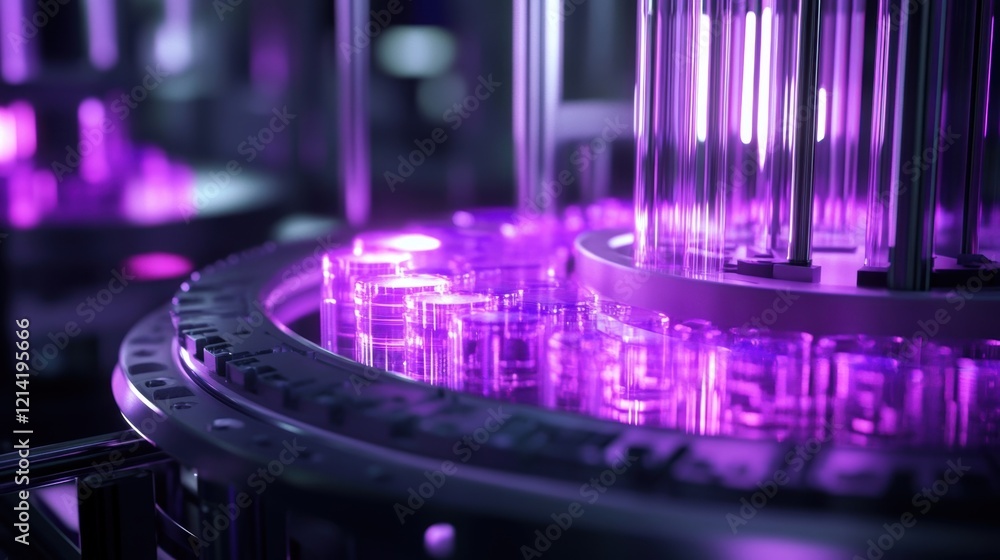 Poster advanced laboratory equipment processes samples in transparent containers illuminated by a vibrant p