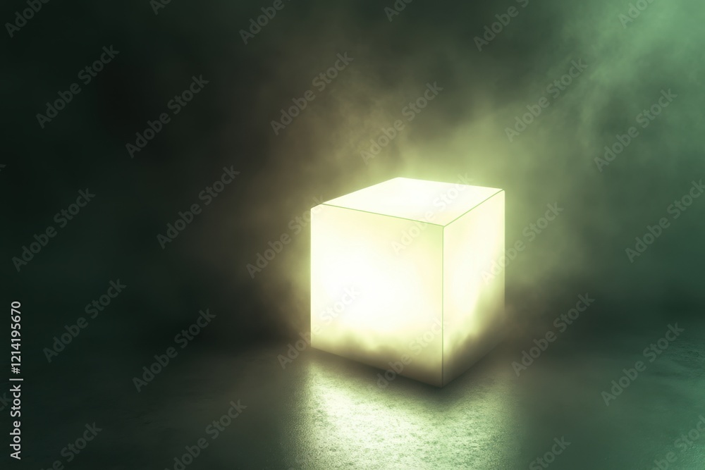 Poster glowing cube in a dark environment with mist and shadows creating a mysterious atmosphere