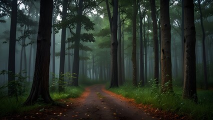 Obraz premium Dark moody forest with path, green trees, natural outdoor vintage background, jungle wallpapers with new style, a forest with a mystical and magical atmosphere.