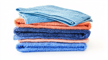 A colorful stack of folded blue and orange towels displayed on a white background showing vibrant and cozy household essentials
