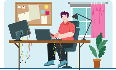 Repairman Illustration Working on Computer Cables A repairman managing computer cables and troubleshooting hardware.