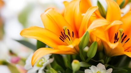 Obraz premium Vibrant Orange Lilies in Bright Bloom Amid Soft Focused Floral Background : Generative AI