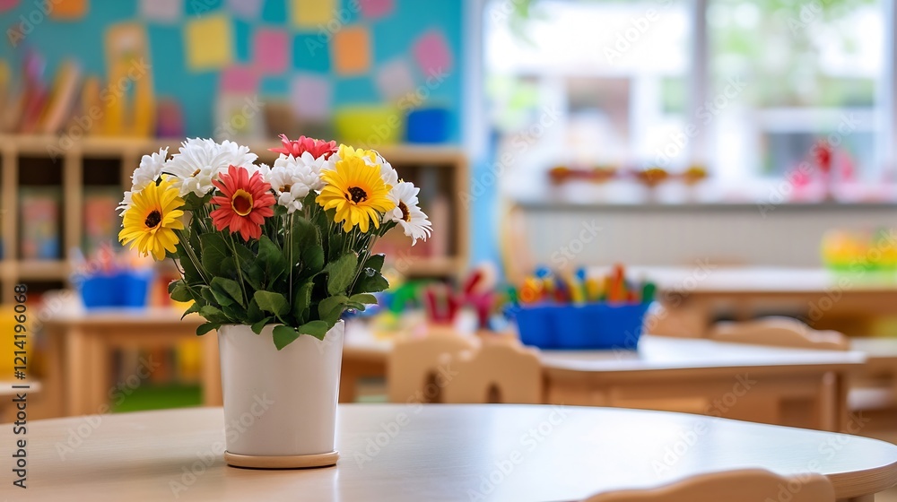 Poster vibrant classroom interior with daisy flowers on round table colorful and inviting preschool setting