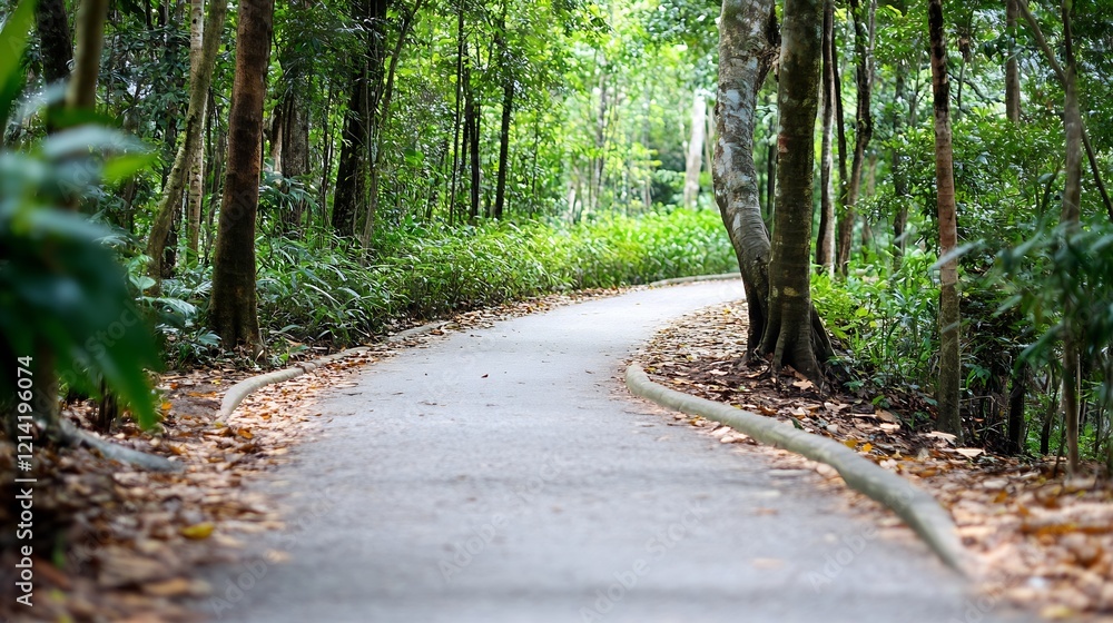 Poster scenic forest pathway with lush greenery and serene atmosphere : generative ai
