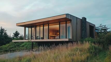 New modern home with wooden exterior, large glass windows, minimalist landscape, sleek architectural design
