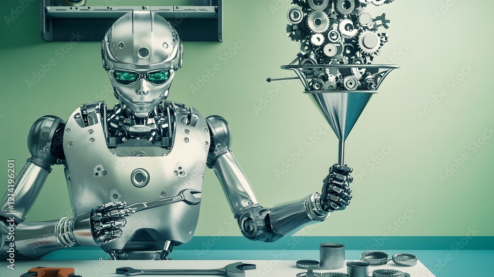 Poster robot mechanic assembling complex machinery gears