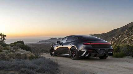 Naklejka premium Sleek Black Sports Car on Scenic Mountain Road at Sunset Horizon : Generative AI