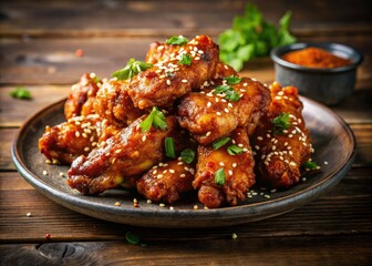 Fototapeta premium Crispy sesame chicken wings, deliciously glazed with spicy flavor. A wing feast!