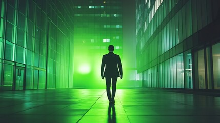 Fototapeta premium Silhouette of Man Walking in Futuristic Green Lit Cityscape at Night : Generative AI