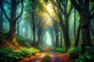 Naklejka premium Dark woods shroud a mysterious path, nature's moody embrace.