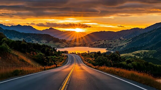 As the sun dipped below the horizon, casting a warm orange glow over the empty road that meandered towards the serene lake