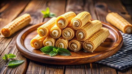 Fototapeta premium Delicate homemade wafer rolls, creamy filling, miniature tilt-shift world. Irresistibly delicious.