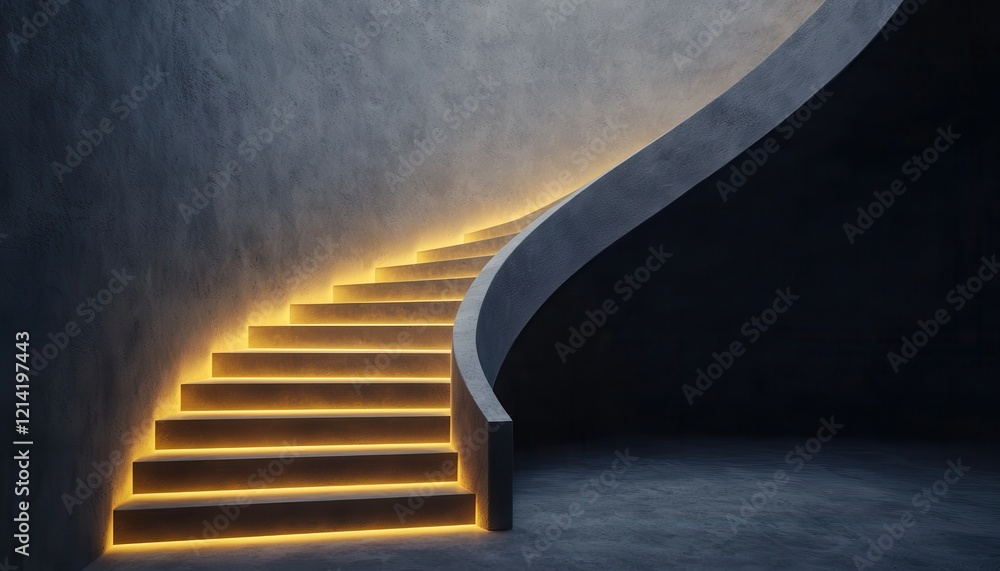 Poster a modern staircase illuminated with soft lighting, creating a striking contrast between the dark wal