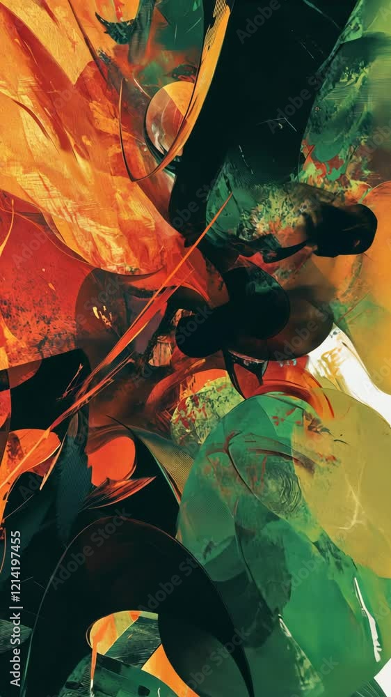 Poster abstract colorful composition featuring vibrant shapes and dynamic textures in contrasting colors
