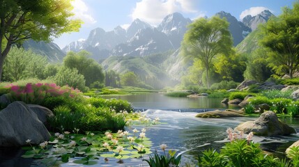 A serene landscape featuring a tranquil river flowing through lush greenery, surrounded by majestic mountains. 