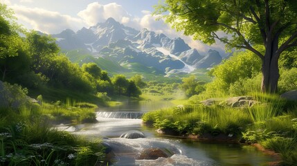 A serene landscape featuring a flowing river surrounded by lush greenery, trees, and mountains in the background. 