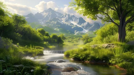 Fototapete A serene landscape featuring a flowing river surrounded by lush greenery, trees, and mountains in the background.  © Svfotoroom