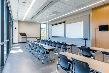 Modern classroom lecture hall, sunlight, presentation