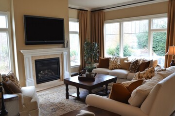 Fototapeta premium Cozy living room fireplace autumnal view home decor